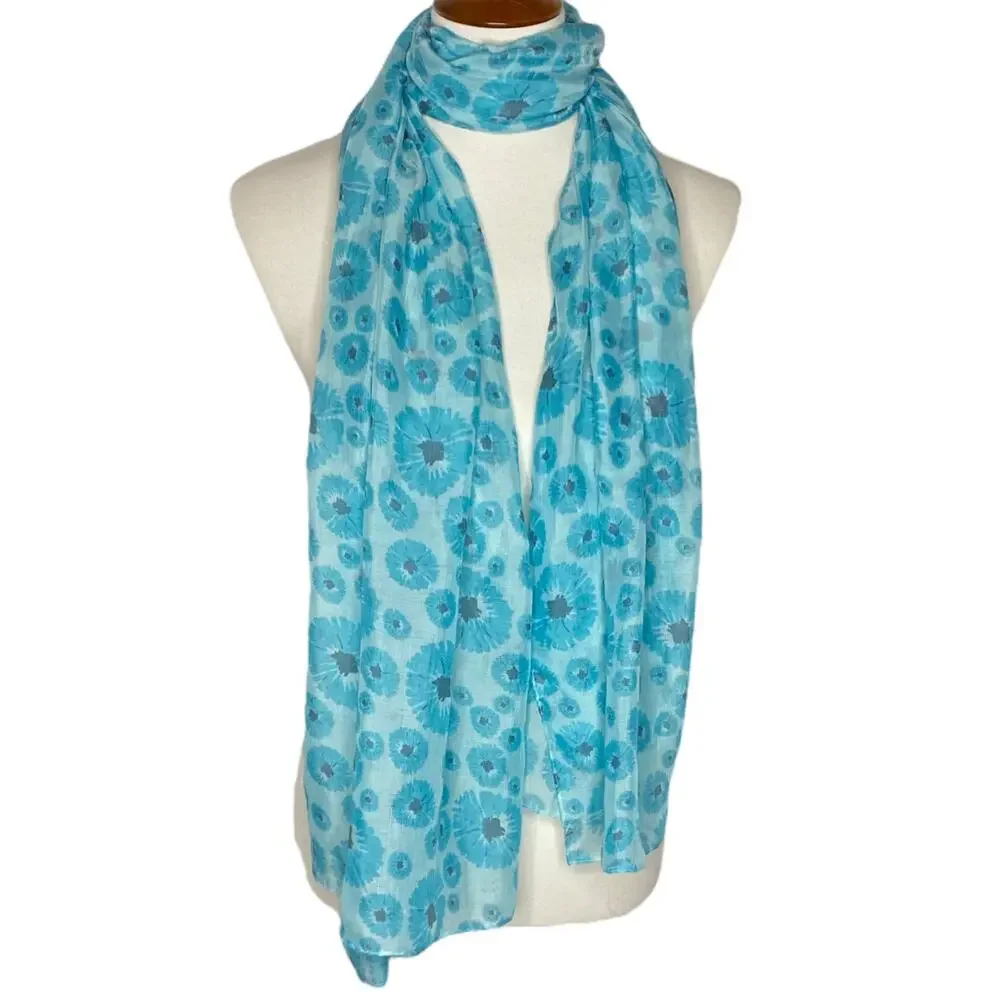 Life Is Good Scarf Sheer Floral Sky Blue Turquoise Lightweight One Size Boho